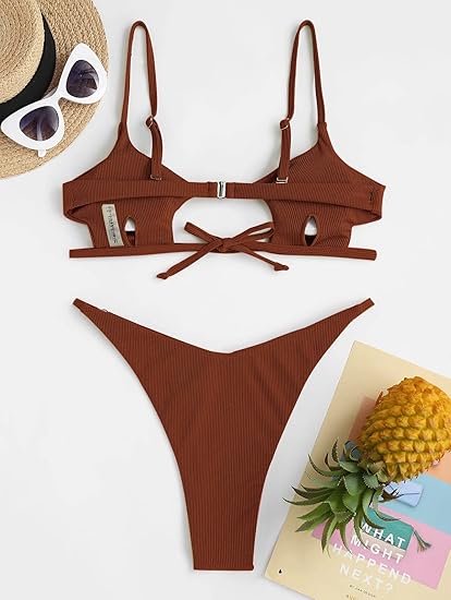 ZAFUL Women's Sexy Cutout Bikini Thong Bikini Set Tie Back Two Piece Swimsuit Bathing Suit (1-Deep Coffee,M)