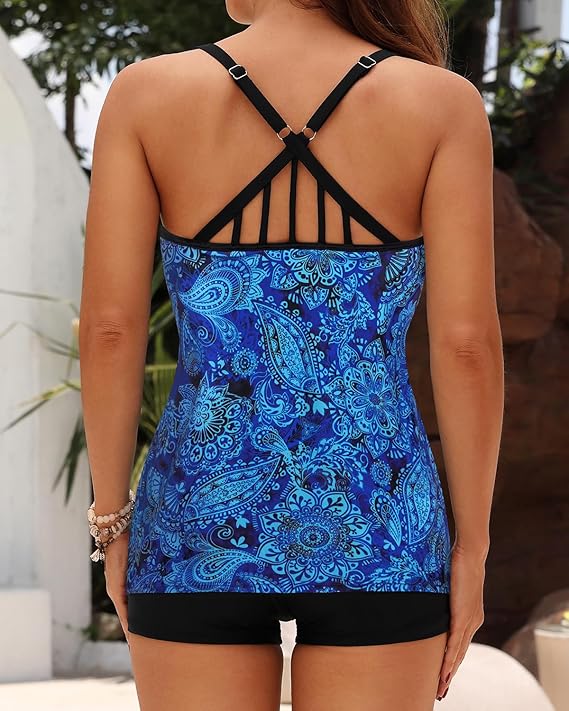 Yonique 2 Piece Tankini Swimsuits for Women with Boy Shorts Athletic Swim Tank Top Bathing Suits Blue Paisley XXL