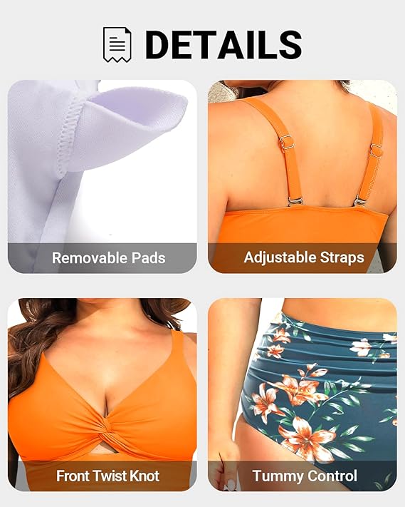 Daci Plus Size Two Piece Swimsuits - Women High Waisted Bikini Tummy Control Bathing Suits Knot Twist Swimwear 2025 Orange Flowers 16 Plus