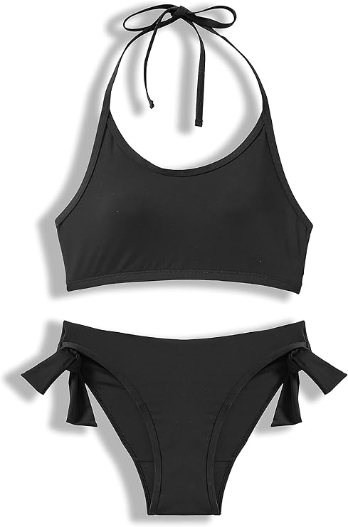 Beautikini Period Swimwear for Teens Two Piece Menstrual Leakproof Swimsuit Halter Bikini Set Bathing Suits for Girls Black XS