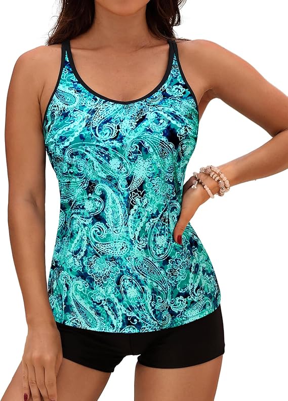Yonique 2 Piece Tankini Swimsuits for Women with Boy Shorts Athletic Swim Tank Top Bathing Suits Green Paisley S