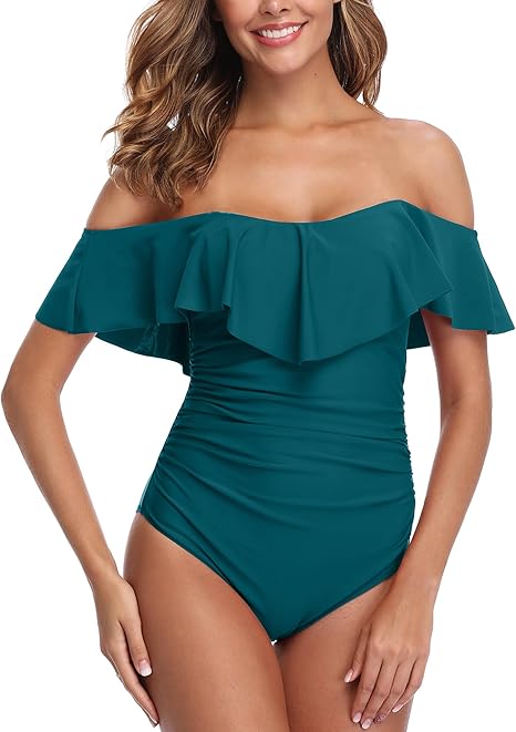 ZINPRETTY Womens Retro One Piece Bathing Suit Tummy Control Off Shoulder Swimsuit Flounce Ruffled Monokini Full Coverage SIZE L