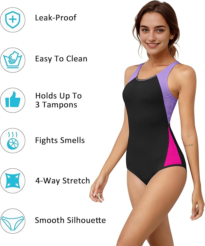 Beautikini Period Swimwear One Piece Leakproof Menstrual Swimsuit Racerback Color Block Bathing Suit for Teen Girl Purple SMALL