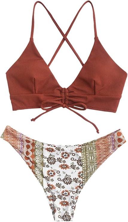 ZAFUL Women's Sexy Boho Ethnic Triangle String Bikini Set Ribbed Lace Up Two Piece Swimsuit Padded High Cut Cinched Bathing Suit Coffee L