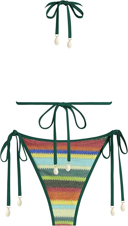 ZAFUL Women's Colorblock Stripes Triangle Halter Tied Cheeky Thong Bikini Set High Cut Two Piece Bathing Suit (2-Deep Green, S)