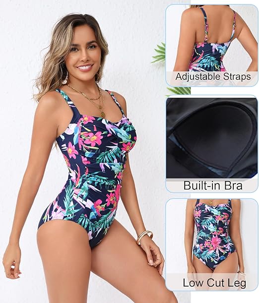 Ekouaer Women's One Piece Swimsuit Ruched Tummy Control Bathing Suits Vintage Retro Push Up Swimwear Flower Blue Small