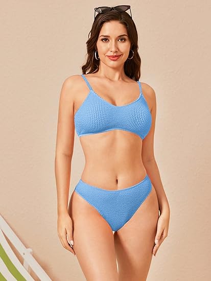 SOLY HUX Bikini Sets for Women Solid Textured Bikini Bathing Suits 2 Piece Swimsuit Plain Blue M