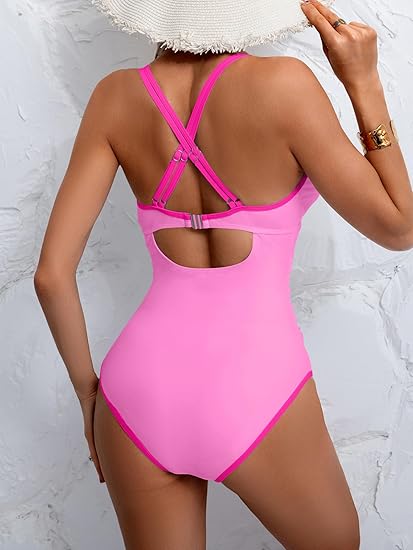 B2prity Women's V Neck One Piece Swimsuit Tummy Control Slimming Bathing Suit Double Straps Crisscross Back Swimwear Pink,hot Pink 2XL