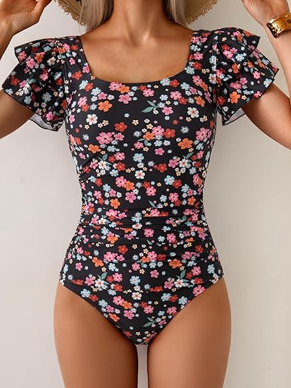 Eomenie Women's Tummy Control One Piece Swimsuit Ruffle Square Neck Bathing Suit Ruched Cutout Back Slimming Swimwear LARGE