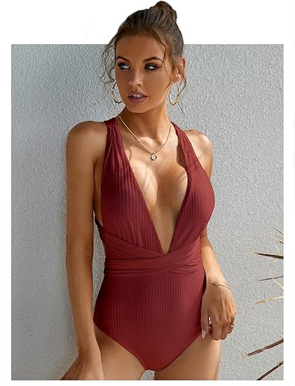 MOLYBELL Women One Piece White Swimsuits, High Waitsted Ribbed Plunge Bathing Suit for Tummy Control Monokini (Dark Red, Small)