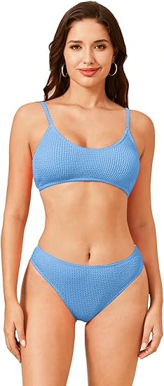 SOLY HUX Bikini Sets for Women Solid Textured Bikini Bathing Suits 2 Piece Swimsuit Plain Blue M