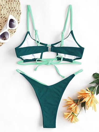 ZAFUL Women's Sexy Cutout Bikini Thong Bikini Set Color Block Swimsuit Tie Back Two Piece Swimsuit Bathing Suit (2-A-Deep Green,L)