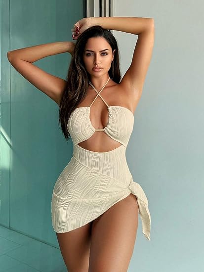 SKAYS Womens One Piece Swimsuit Texture Hollow Out Halter Neck Solid Color Bathing Suit with Cover-Up 2-Piece Sets Swimwear Apricot S