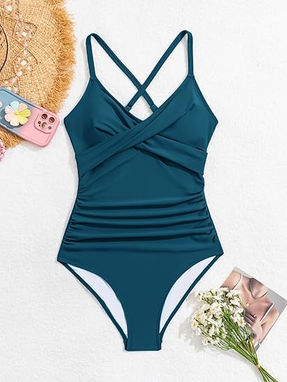 B2prity Women's One Piece Swimsuits Tummy Control Front Cross Bathing Suits Tie Back Slimming V Neck Swimwear(Green) SMALL