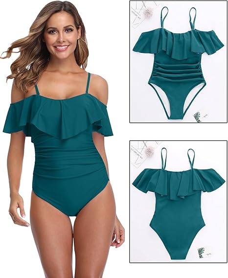 ZINPRETTY Womens Retro One Piece Bathing Suit Tummy Control Off Shoulder Swimsuit Flounce Ruffled Monokini Full Coverage SIZE L