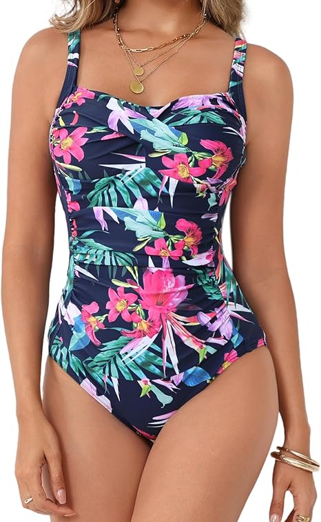 Ekouaer Women's One Piece Swimsuit Ruched Tummy Control Bathing Suits Vintage Retro Push Up Swimwear Flower Blue Small