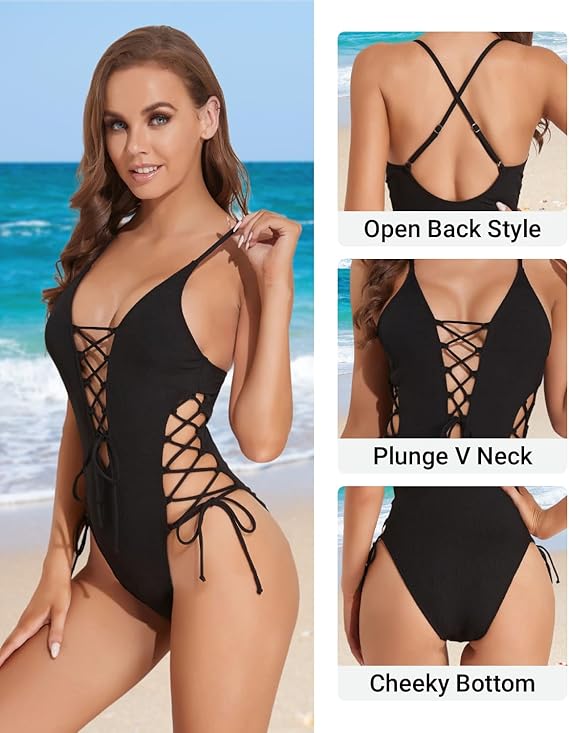 Tempt Me Women Black Sexy Lace Up One Piece Swimsuit Deep Plunge V Neck High Cut Bathing Suits XXL