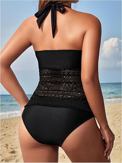 GORGLITTER Women's Crochet Halter Ruffle Tankini High Waisted Thong Swimsuits Sexy Lace Summer Bathing Suit Solid Black Large