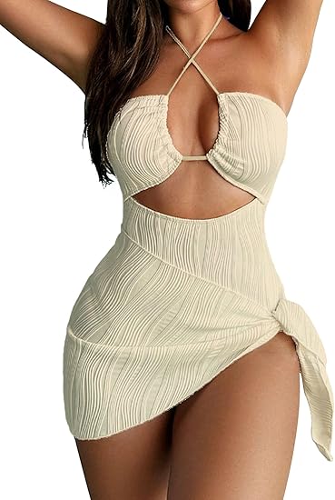 SKAYS Womens One Piece Swimsuit Texture Hollow Out Halter Neck Solid Color Bathing Suit with Cover-Up 2-Piece Sets Swimwear Apricot S
