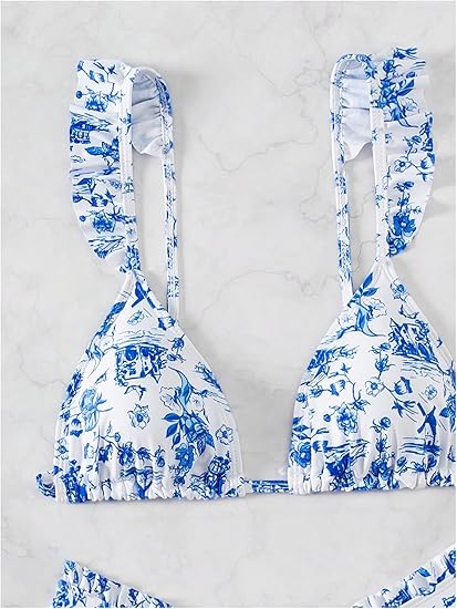 RoseSeek Women's 2 Piece Bikini Sets High Cut Ruffle Trim Triangle Floral Bathing Suit Wireless Tie Back Swimsuit Blue and White Small