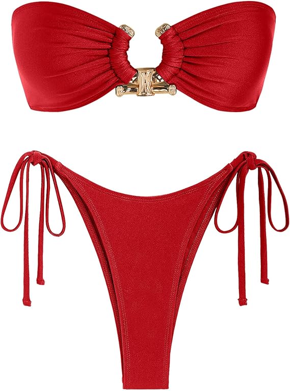 ZAFUL Womens Two Piece Bathing Suit Bandeau Bikini Set High Cut Tie Side Bikini Bottom Metal Ring Swimsuit Shiny Red LARGE