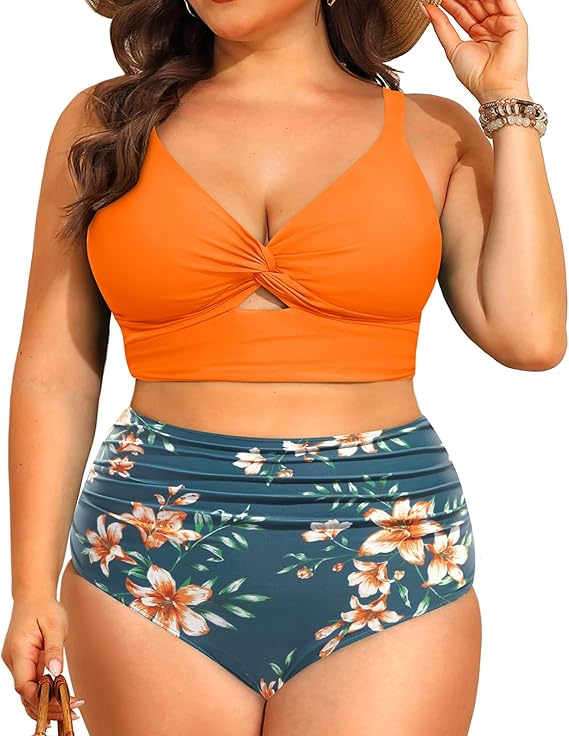 Daci Plus Size Two Piece Swimsuits - Women High Waisted Bikini Tummy Control Bathing Suits Knot Twist Swimwear 2025 Orange Flowers 16 Plus