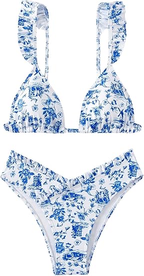 RoseSeek Women's 2 Piece Bikini Sets High Cut Ruffle Trim Triangle Floral Bathing Suit Wireless Tie Back Swimsuit Blue and White Small