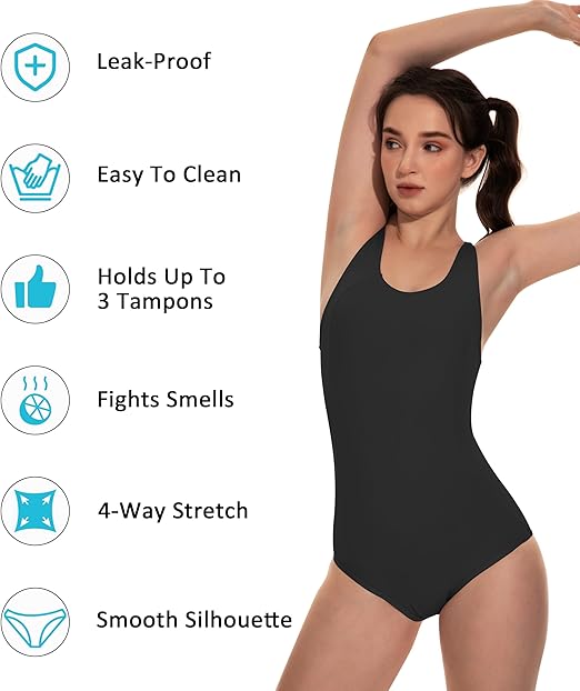 Beautikini Period Swimwear One Piece Racerback Training Bathing Suit Women Period Swimsuits for Teen Girls Ages 11-14(Black Medium)