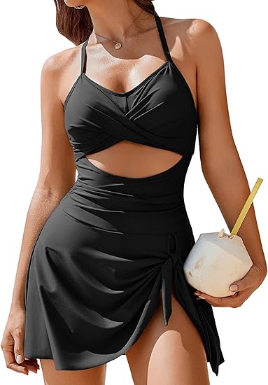 AI'MAGE Women Cutout One Piece Swimsuits Criss Cross Back Swim Dress Tummy Control Bathing Suit with Skirt Twist Front Swimdress Medium Black