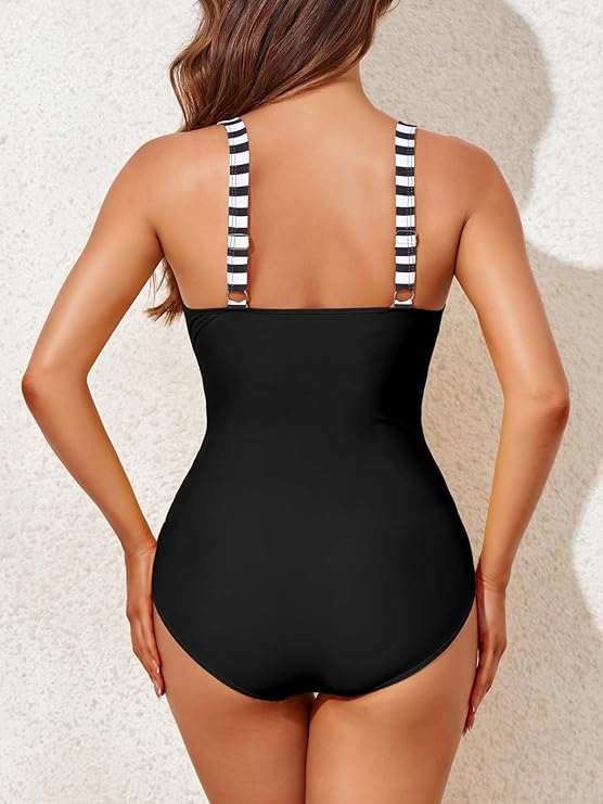 Smismivo Tummy Control Swimsuits for Women Slimming One Piece Bathing Suit Modest Padded Ruched Push Long Torso Curvy Shapewear V Neck Criss Cross Swimming Full Coverage Swimwear (Black Stripe) LARGE