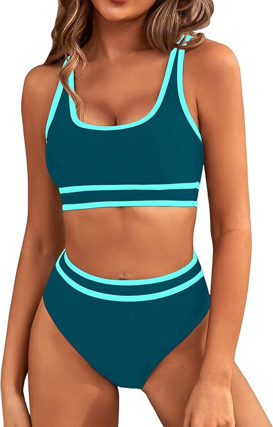 BMJL Women's High Waisted Bikinis Sets Sporty Two Piece Swimsuits Color Block Cheeky High Cut Bathing Suits(Dark Green Blue) LARGE