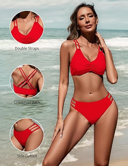 Zilcremo Women Two Piece Bikini Double Strap Swimsuits Hollow Out Bathing Suit Mid Waist Bikini Sets Red M
