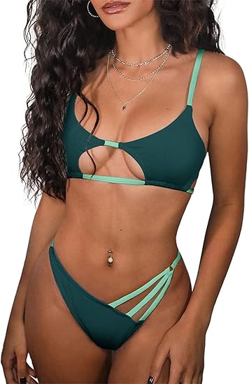 ZAFUL Women's Sexy Cutout Bikini Thong Bikini Set Color Block Swimsuit Tie Back Two Piece Swimsuit Bathing Suit (2-A-Deep Green,L)