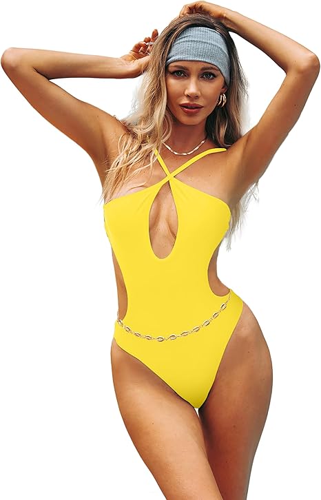 HYPERFIRE Women's Sexy Criss Cross Halter Bathing Suit Cut Out Backless Monokini Swimsuits One Piece Neon Yellow Small