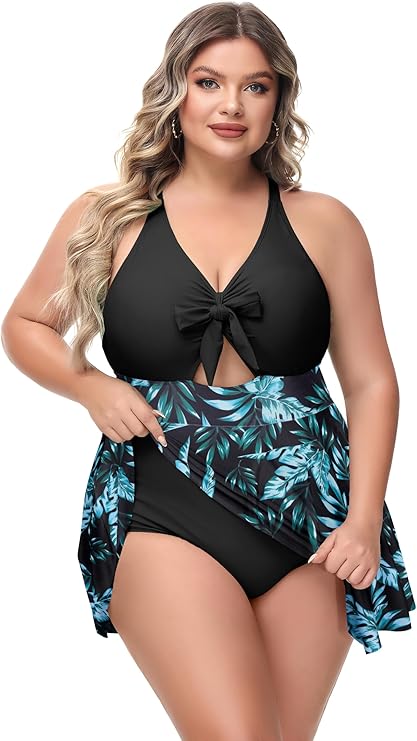 NIeyook Womens Plus Size One Piece Swimsuit with Skirt V Neck Cutout Flowy Swim Dress Tummy Control Bathing Suit 14 PLUS