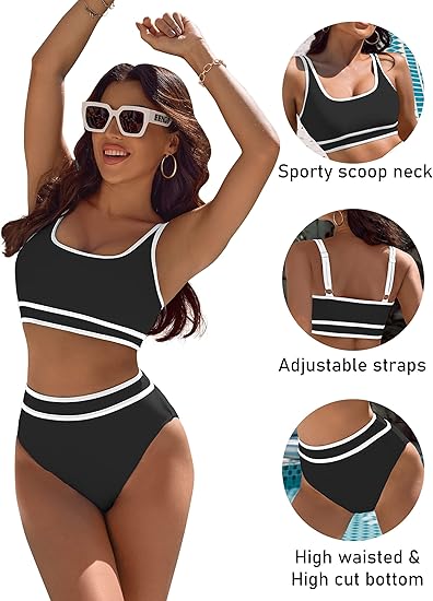 BMJL Women's High Waisted Bikini Ribbed Two Piece Swimsuit High Cut Color Block Adjustable Straps Bathing Suit(M,Black)