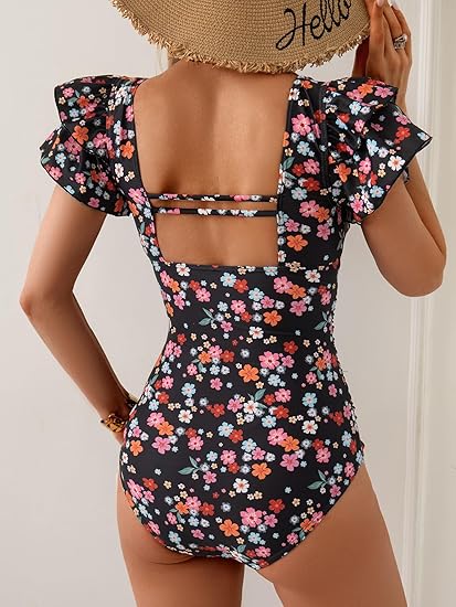 Eomenie Women's Tummy Control One Piece Swimsuit Ruffle Square Neck Bathing Suit Ruched Cutout Back Slimming Swimwear LARGE
