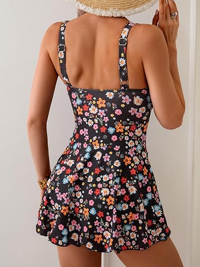 Eomenie One Piece Swimdress Swimsuits for Women Tummy Control Swim Dresses Skirt Bathing Suit Black Floral SMALL