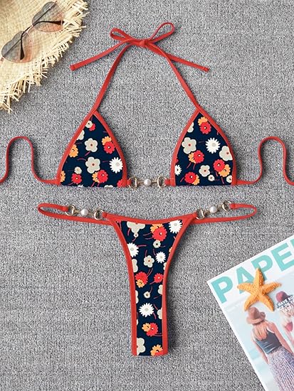 TASHEHE Women's Triangle Thong Bikini Set Sexy String Brazillian Two Piece Swimsuit Cute Bikini Bathing Suit - Dark Blue Floral - Small