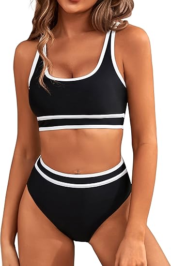 BMJL Women's High Waisted Bikini Ribbed Two Piece Swimsuit High Cut Color Block Adjustable Straps Bathing Suit(M,Black)