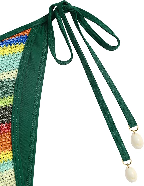 ZAFUL Women's Colorblock Stripes Triangle Halter Tied Cheeky Thong Bikini Set High Cut Two Piece Bathing Suit (2-Deep Green, S)