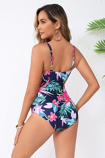 Ekouaer Women's One Piece Swimsuit Ruched Tummy Control Bathing Suits Vintage Retro Push Up Swimwear Flower Blue Small
