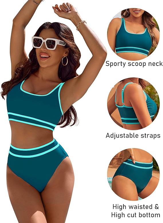 BMJL Women's High Waisted Bikinis Sets Sporty Two Piece Swimsuits Color Block Cheeky High Cut Bathing Suits(Dark Green Blue) LARGE