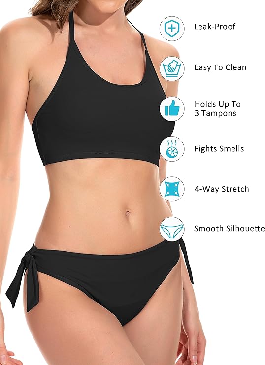 Beautikini Period Swimwear for Teens Two Piece Menstrual Leakproof Swimsuit Halter Bikini Set Bathing Suits for Girls Black XS