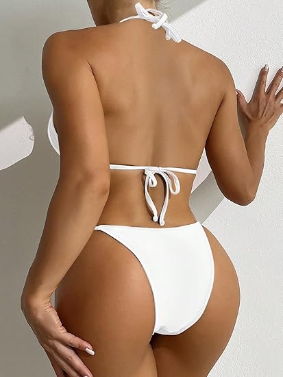 SHENHE Women's Sexy Bikini Sets Ring Triangle Tie Bathing Suits 2 Piece Swimsuit Chain Linked White L