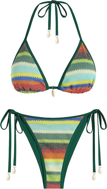 ZAFUL Women's Colorblock Stripes Triangle Halter Tied Cheeky Thong Bikini Set High Cut Two Piece Bathing Suit (2-Deep Green, S)