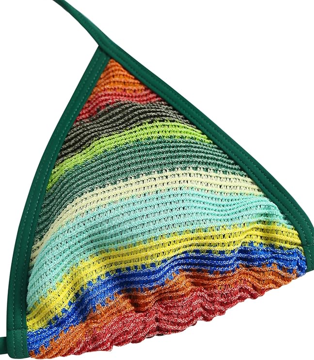 ZAFUL Women's Colorblock Stripes Triangle Halter Tied Cheeky Thong Bikini Set High Cut Two Piece Bathing Suit (2-Deep Green, S)