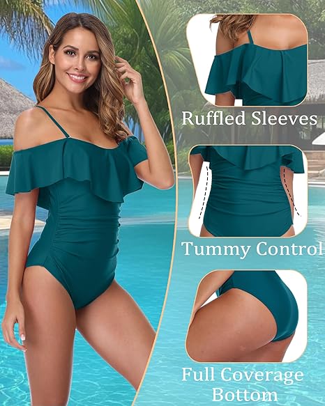 ZINPRETTY Womens Retro One Piece Bathing Suit Tummy Control Off Shoulder Swimsuit Flounce Ruffled Monokini Full Coverage SIZE L