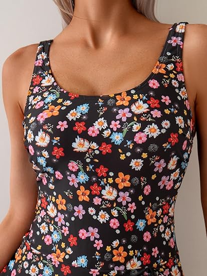 Eomenie One Piece Swimdress Swimsuits for Women Tummy Control Swim Dresses Skirt Bathing Suit Black Floral SMALL
