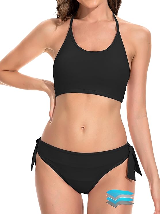 Beautikini Period Swimwear for Teens Two Piece Menstrual Leakproof Swimsuit Halter Bikini Set Bathing Suits for Girls Black XS
